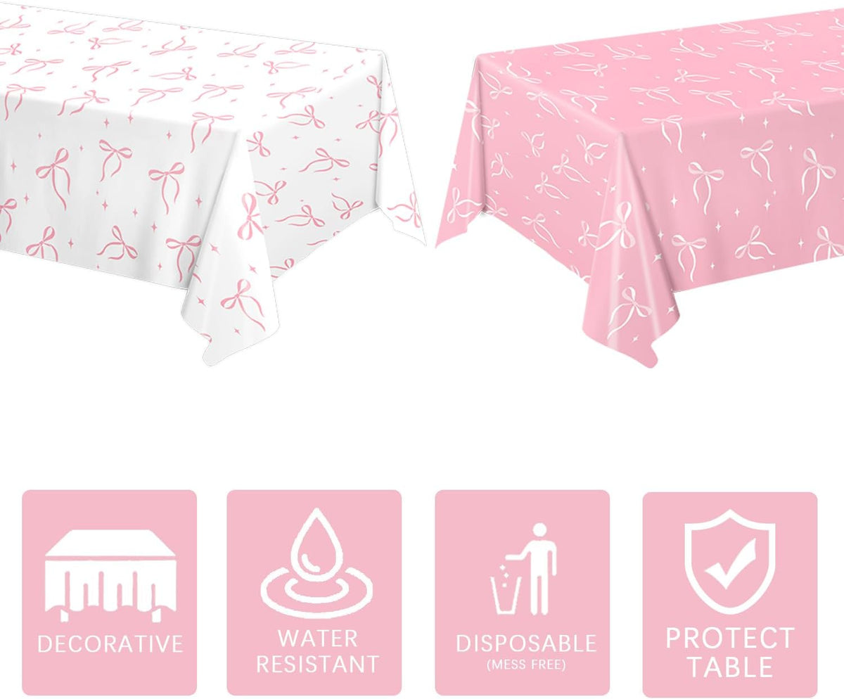 4 Pack Pink Bow Tablecloth, Coquette Birthday Decorations, Bow Disposable Table Cover for Wedding Engagement Bridal Birthday Decorations, 54 x 108 Inch