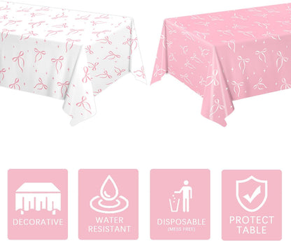 4 Pack Pink Bow Tablecloth, Coquette Birthday Decorations, Bow Disposable Table Cover for Wedding Engagement Bridal Birthday Decorations, 54 x 108 Inch