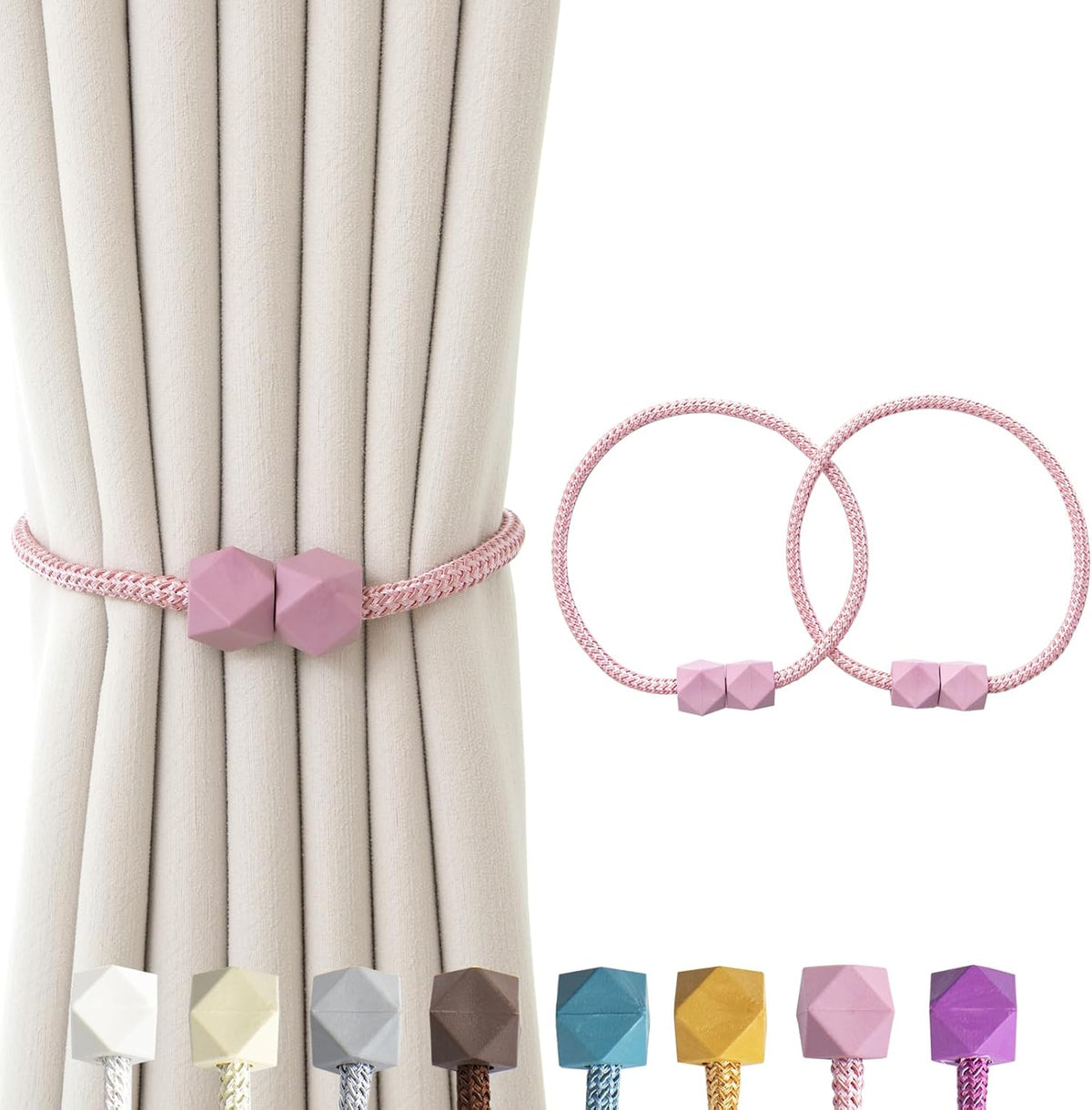 Magnetic Curtain Tiebacks – Handmade Rope Holdbacks with Strong Magnets, Decorative Twist Cord Drapery Holders for Window Curtains(Pink, 2)