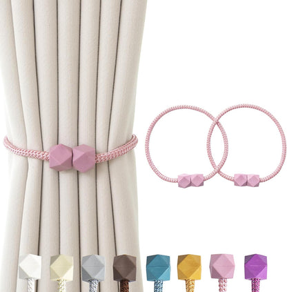 Magnetic Curtain Tiebacks – Handmade Rope Holdbacks with Strong Magnets, Decorative Twist Cord Drapery Holders for Window Curtains(Pink, 2)