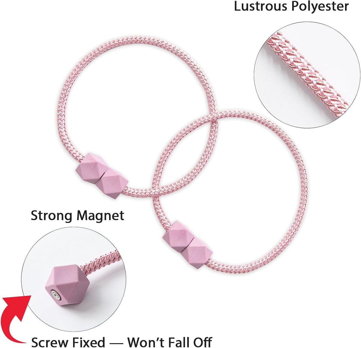 Magnetic Curtain Tiebacks – Handmade Rope Holdbacks with Strong Magnets, Decorative Twist Cord Drapery Holders for Window Curtains(Pink, 2)