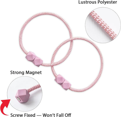 Magnetic Curtain Tiebacks – Handmade Rope Holdbacks with Strong Magnets, Decorative Twist Cord Drapery Holders for Window Curtains(Pink, 2)