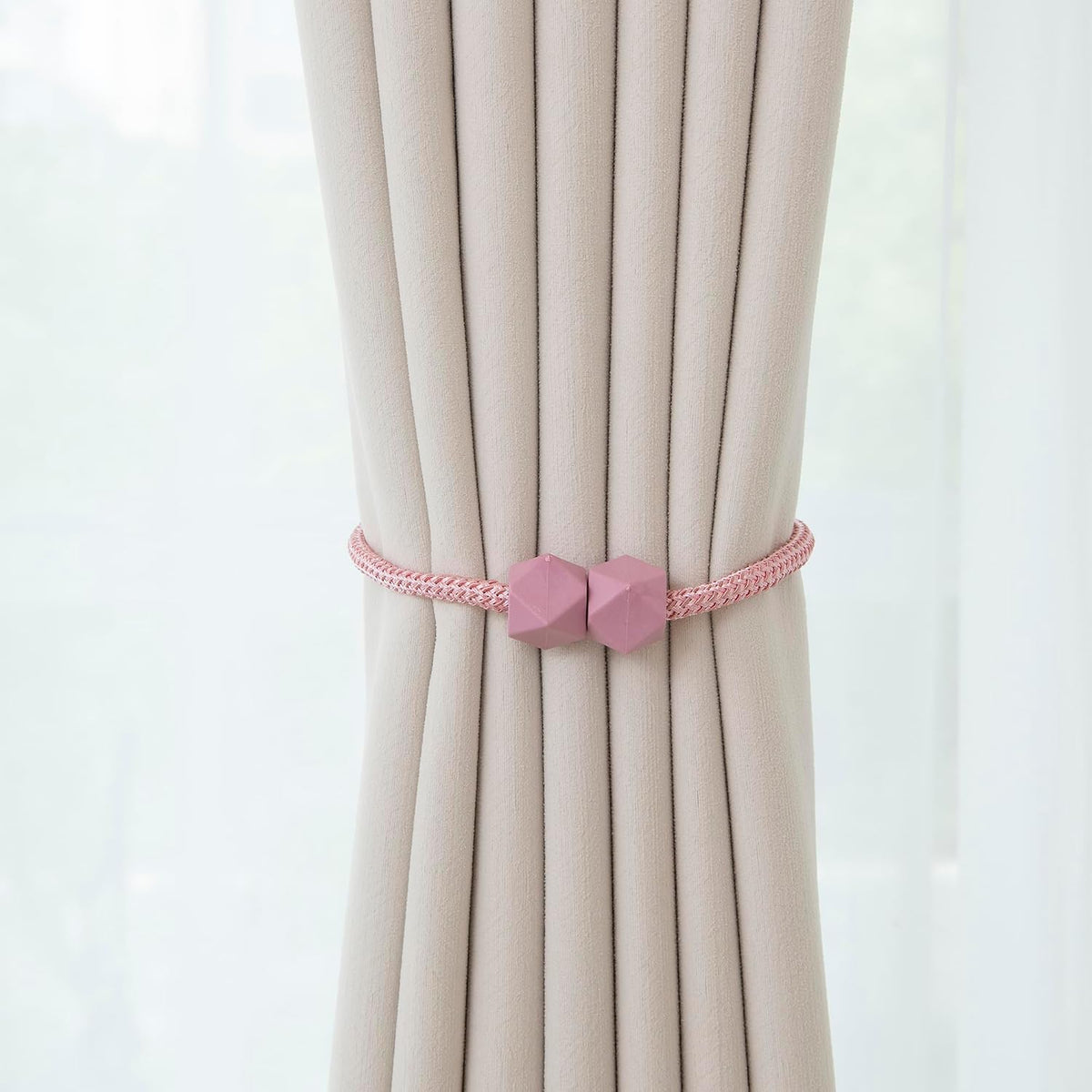 Magnetic Curtain Tiebacks – Handmade Rope Holdbacks with Strong Magnets, Decorative Twist Cord Drapery Holders for Window Curtains(Pink, 2)