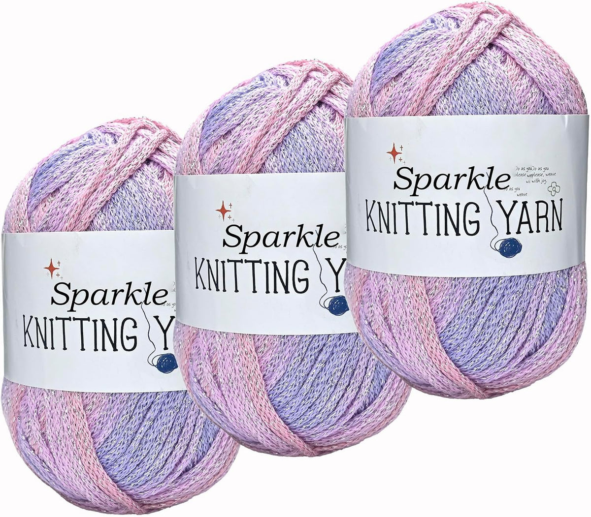 Sparkly Variegated Yarn for Crocheting-3 Pack of 100g/3.53oz-#4 Worsted (Medium)-Polyester Silver Metallic Blend Colorful Knitting Yarn for Handmade DIY Crafts-Pink&Purple