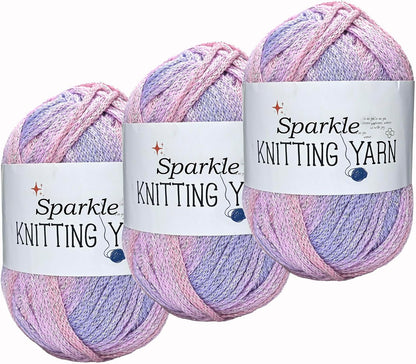 Sparkly Variegated Yarn for Crocheting-3 Pack of 100g/3.53oz-#4 Worsted (Medium)-Polyester Silver Metallic Blend Colorful Knitting Yarn for Handmade DIY Crafts-Pink&Purple