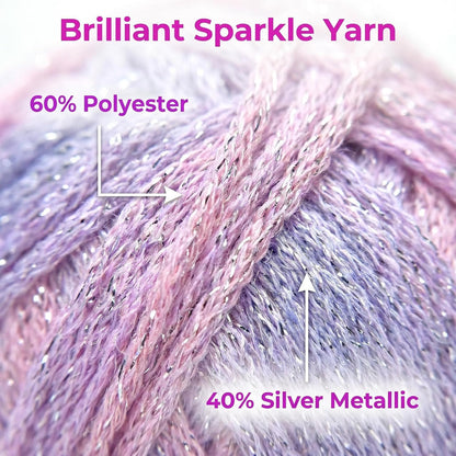 Sparkly Variegated Yarn for Crocheting-3 Pack of 100g/3.53oz-#4 Worsted (Medium)-Polyester Silver Metallic Blend Colorful Knitting Yarn for Handmade DIY Crafts-Pink&Purple