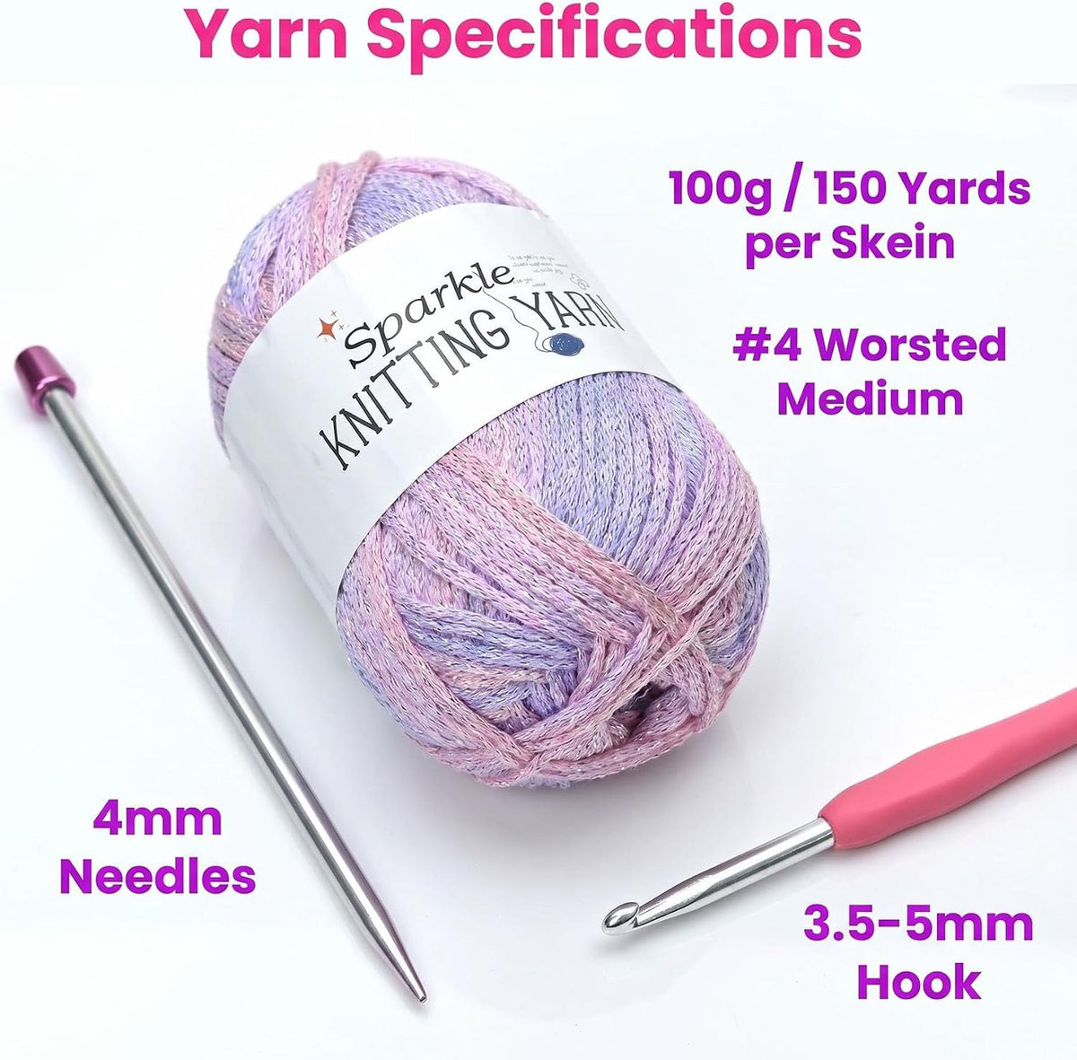 Sparkly Variegated Yarn for Crocheting-3 Pack of 100g/3.53oz-#4 Worsted (Medium)-Polyester Silver Metallic Blend Colorful Knitting Yarn for Handmade DIY Crafts-Pink&Purple