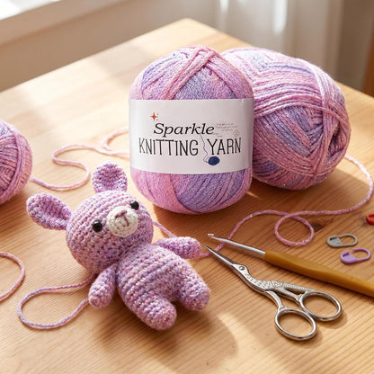 Sparkly Variegated Yarn for Crocheting-3 Pack of 100g/3.53oz-#4 Worsted (Medium)-Polyester Silver Metallic Blend Colorful Knitting Yarn for Handmade DIY Crafts-Pink&Purple