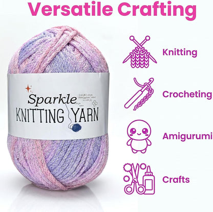 Sparkly Variegated Yarn for Crocheting-3 Pack of 100g/3.53oz-#4 Worsted (Medium)-Polyester Silver Metallic Blend Colorful Knitting Yarn for Handmade DIY Crafts-Pink&Purple