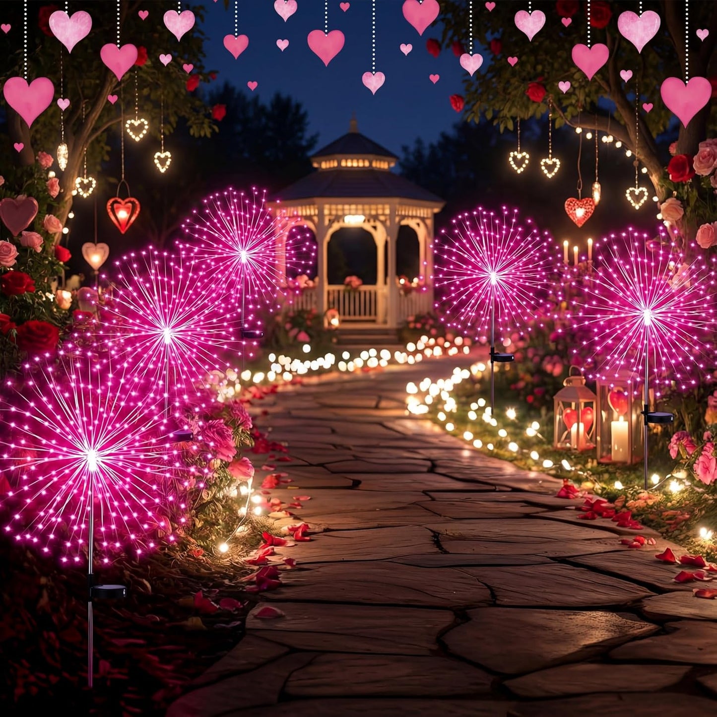 4 Pcs Halloween Solar Lights Outdoor Firework Lights Decor, Pink