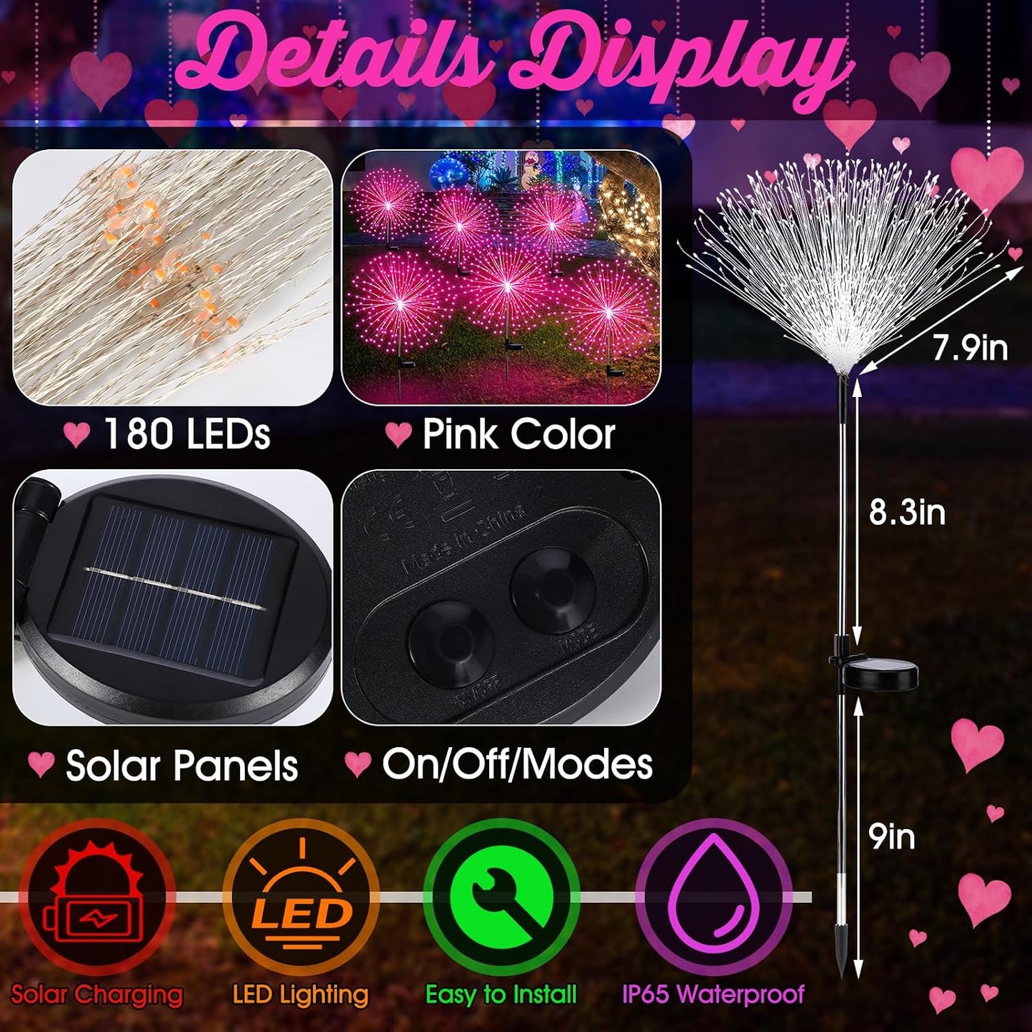 4 Pcs Halloween Solar Lights Outdoor Firework Lights Decor, Pink