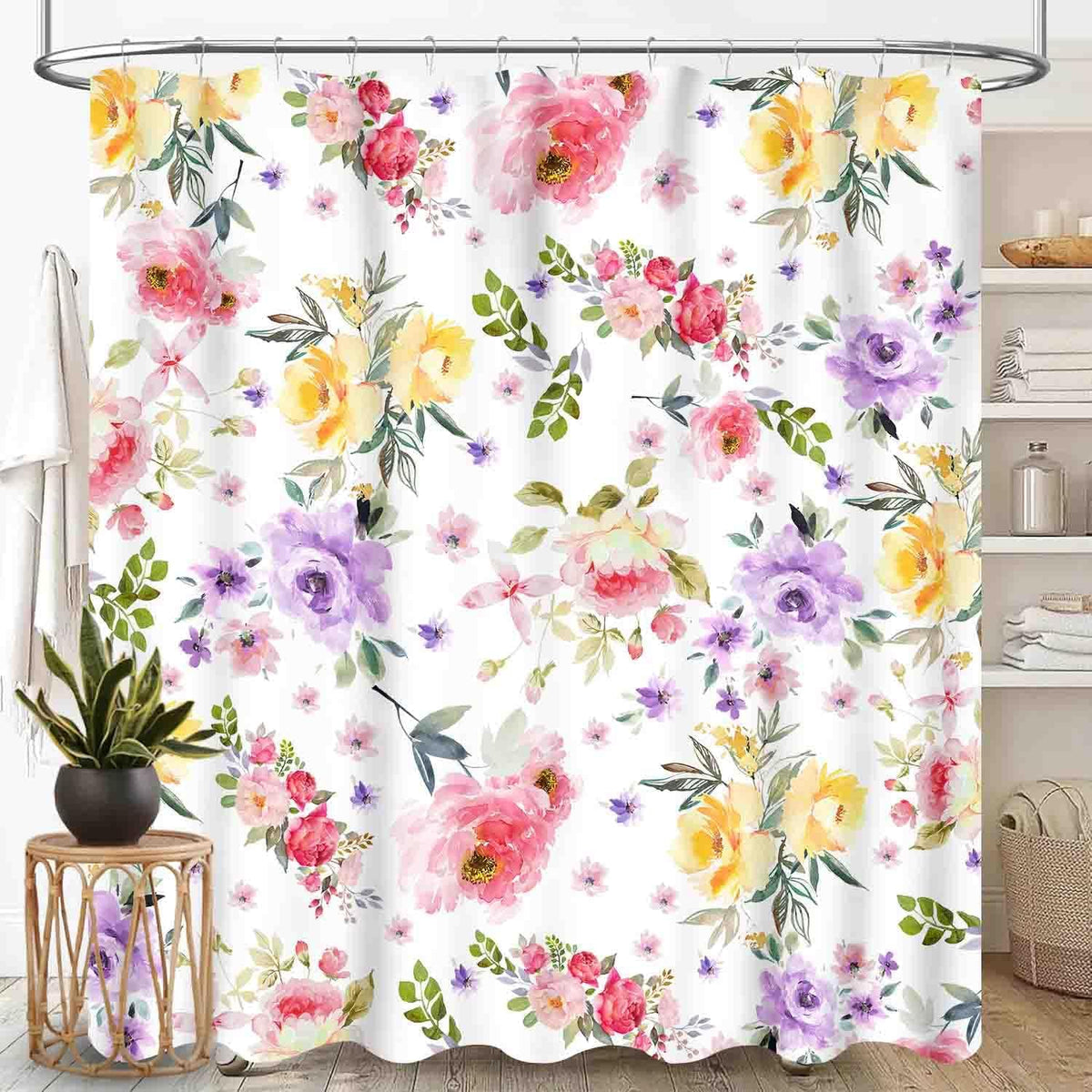 Pink Floral Shower Curtain, Watercolor Wildflower Spring Plant Botanical Aesthetic Country Farmhouse Girls Woman Waterproof Fabric Bathroom Shower Curtain Set with Hooks, 72"x84" Inch