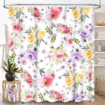 Pink Floral Shower Curtain, Watercolor Wildflower Spring Plant Botanical Aesthetic Country Farmhouse Girls Woman Waterproof Fabric Bathroom Shower Curtain Set with Hooks, 72"x84" Inch