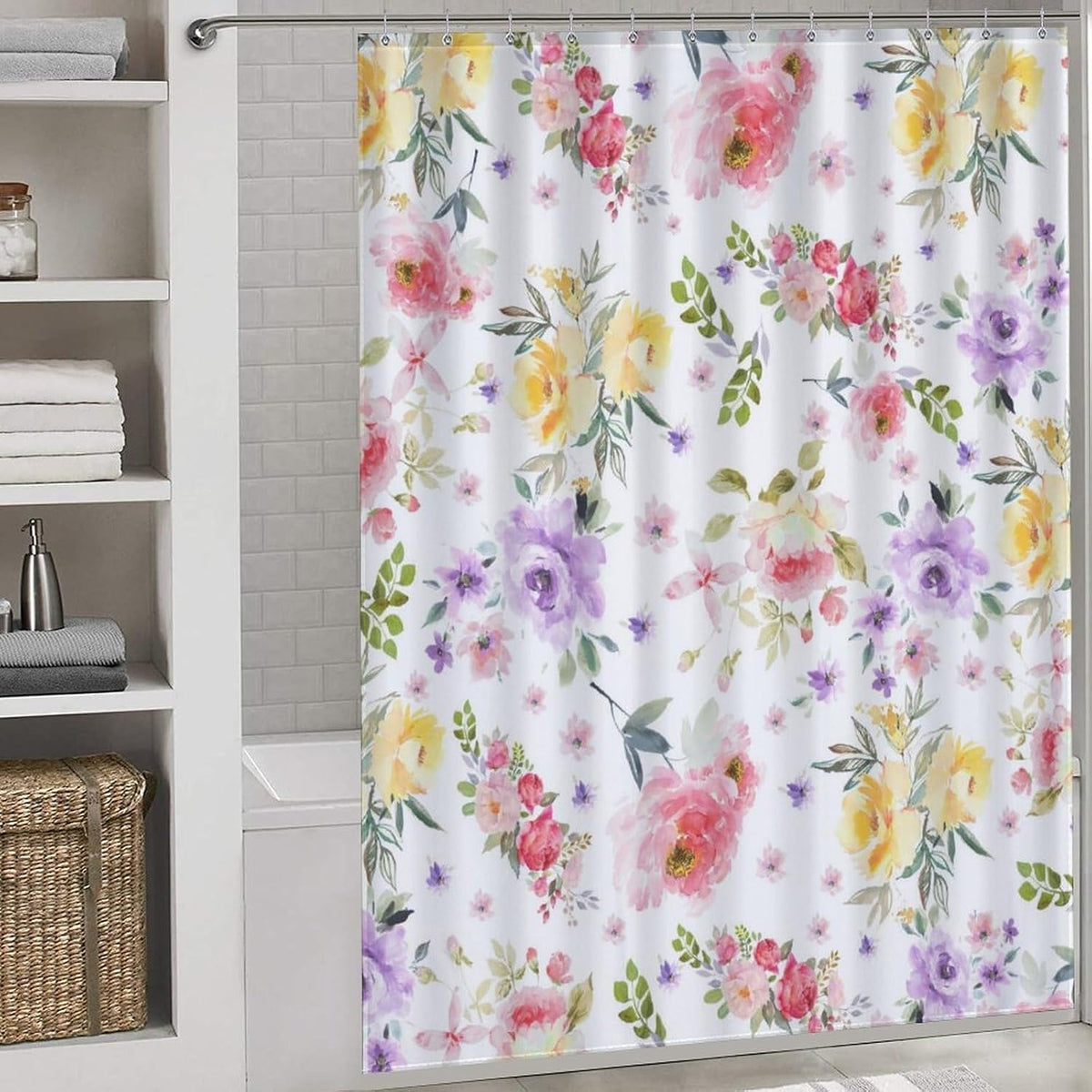 Pink Floral Shower Curtain, Watercolor Wildflower Spring Plant Botanical Aesthetic Country Farmhouse Girls Woman Waterproof Fabric Bathroom Shower Curtain Set with Hooks, 72"x84" Inch