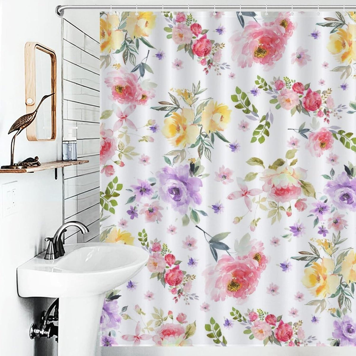 Pink Floral Shower Curtain, Watercolor Wildflower Spring Plant Botanical Aesthetic Country Farmhouse Girls Woman Waterproof Fabric Bathroom Shower Curtain Set with Hooks, 72"x84" Inch