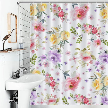 Pink Floral Shower Curtain, Watercolor Wildflower Spring Plant Botanical Aesthetic Country Farmhouse Girls Woman Waterproof Fabric Bathroom Shower Curtain Set with Hooks, 72"x84" Inch