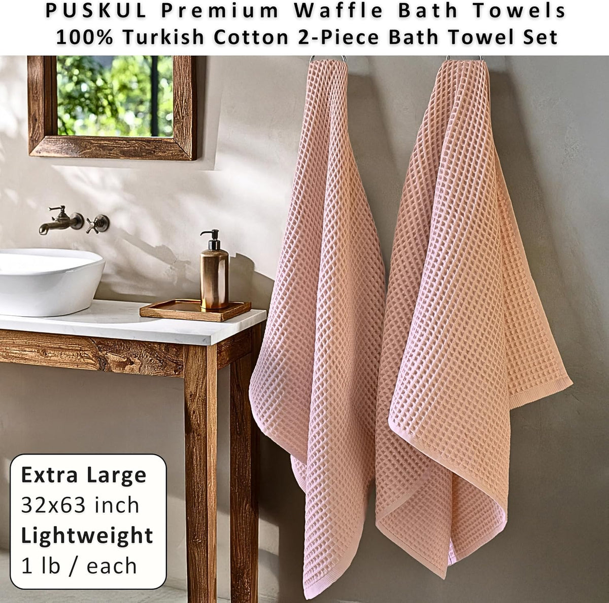 PÜSKÜL Natural 100% Turkish Cotton Waffle Bath Towels Set of 2, Extra-Large