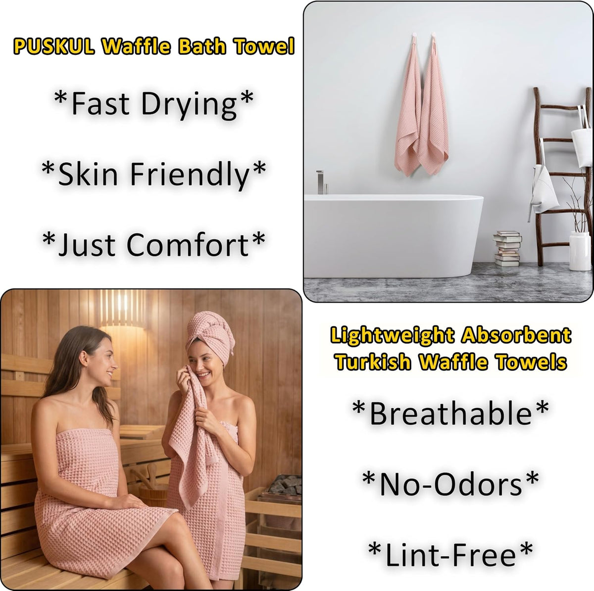 PÜSKÜL Natural 100% Turkish Cotton Waffle Bath Towels Set of 2, Extra-Large