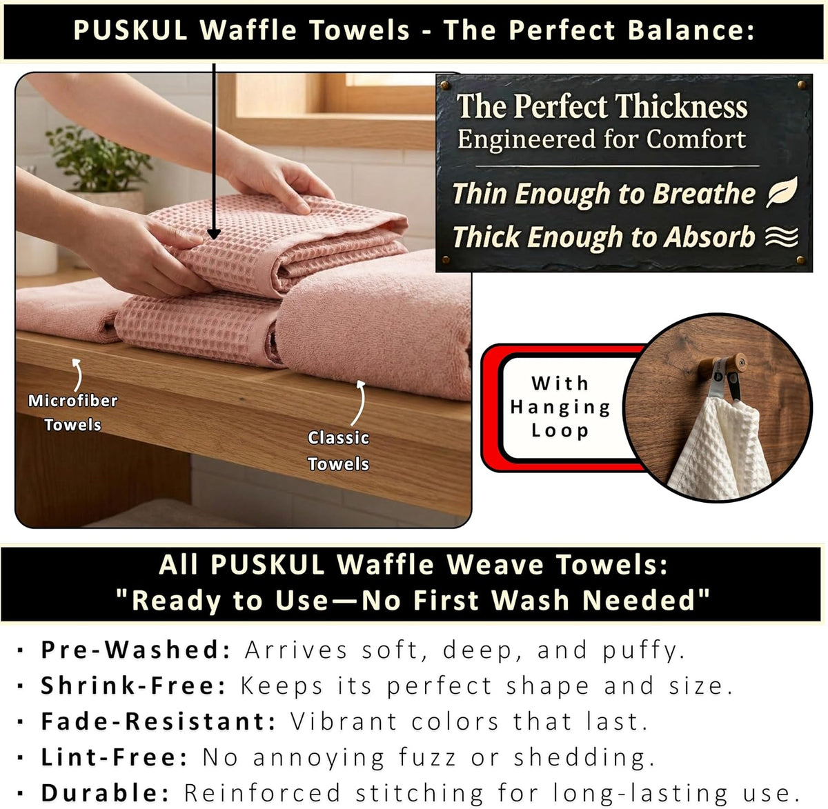 PÜSKÜL Natural 100% Turkish Cotton Waffle Bath Towels Set of 2, Extra-Large
