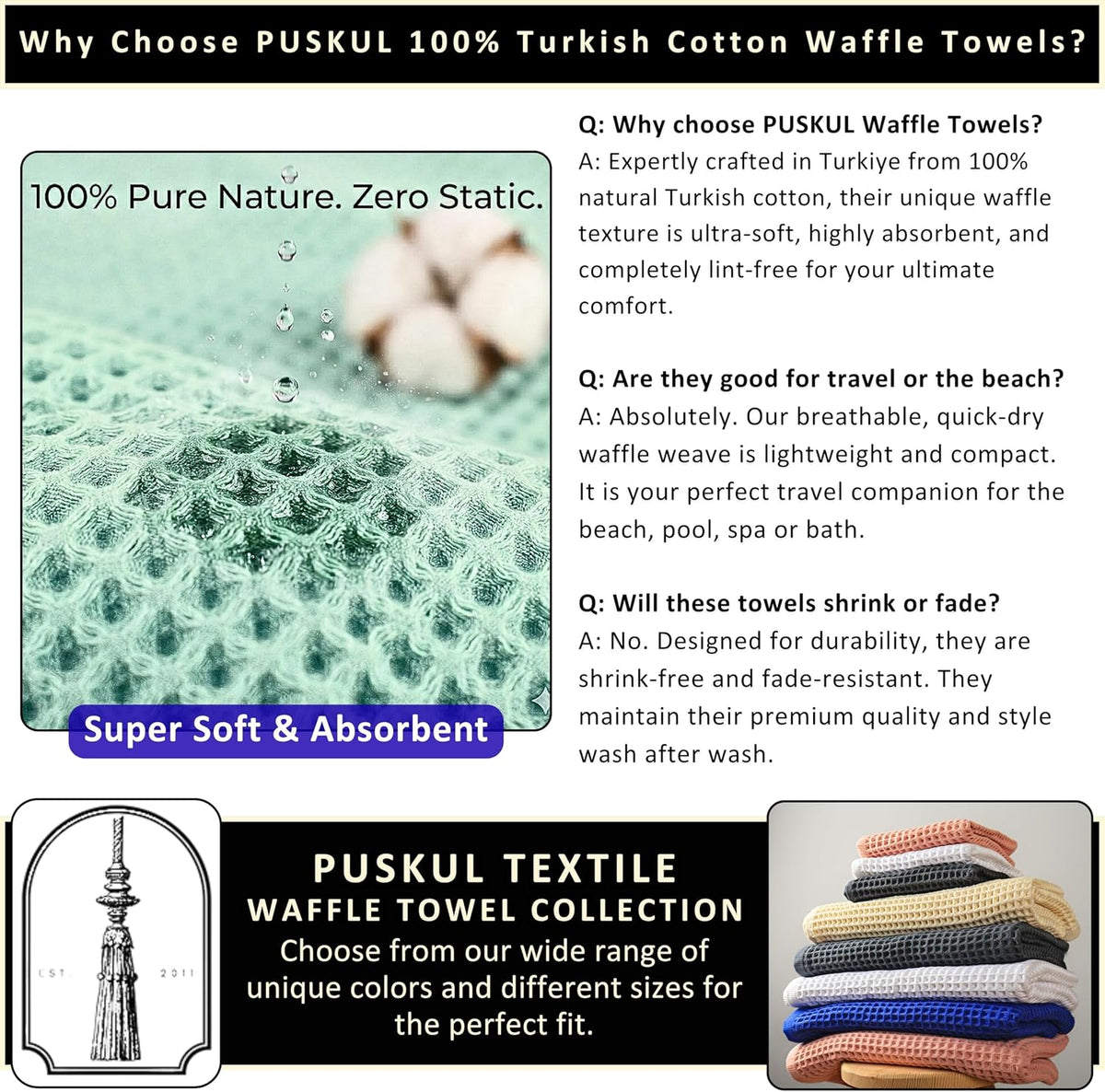 PÜSKÜL Natural 100% Turkish Cotton Waffle Bath Towels Set of 2, Extra-Large