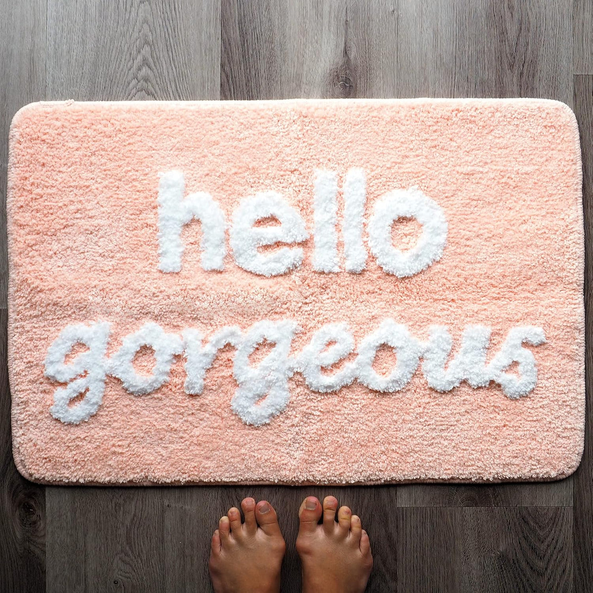 Hello Gorgeous Bath Mat Peach Orange Coral Beautiful Cute Bathroom Rugs for Girls Pink You Look Good Funny Shower Fun Bathroom Decor Non-Slip Washable Kids Women