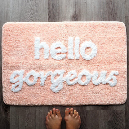 Hello Gorgeous Bath Mat Peach Orange Coral Beautiful Cute Bathroom Rugs for Girls Pink You Look Good Funny Shower Fun Bathroom Decor Non-Slip Washable Kids Women