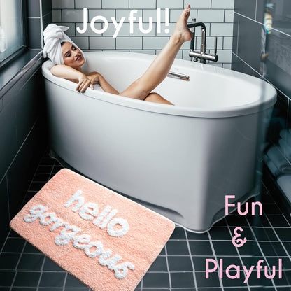 Hello Gorgeous Bath Mat Peach Orange Coral Beautiful Cute Bathroom Rugs for Girls Pink You Look Good Funny Shower Fun Bathroom Decor Non-Slip Washable Kids Women
