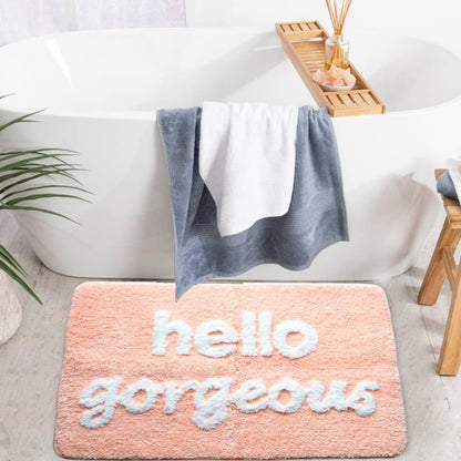 Hello Gorgeous Bath Mat Peach Orange Coral Beautiful Cute Bathroom Rugs for Girls Pink You Look Good Funny Shower Fun Bathroom Decor Non-Slip Washable Kids Women