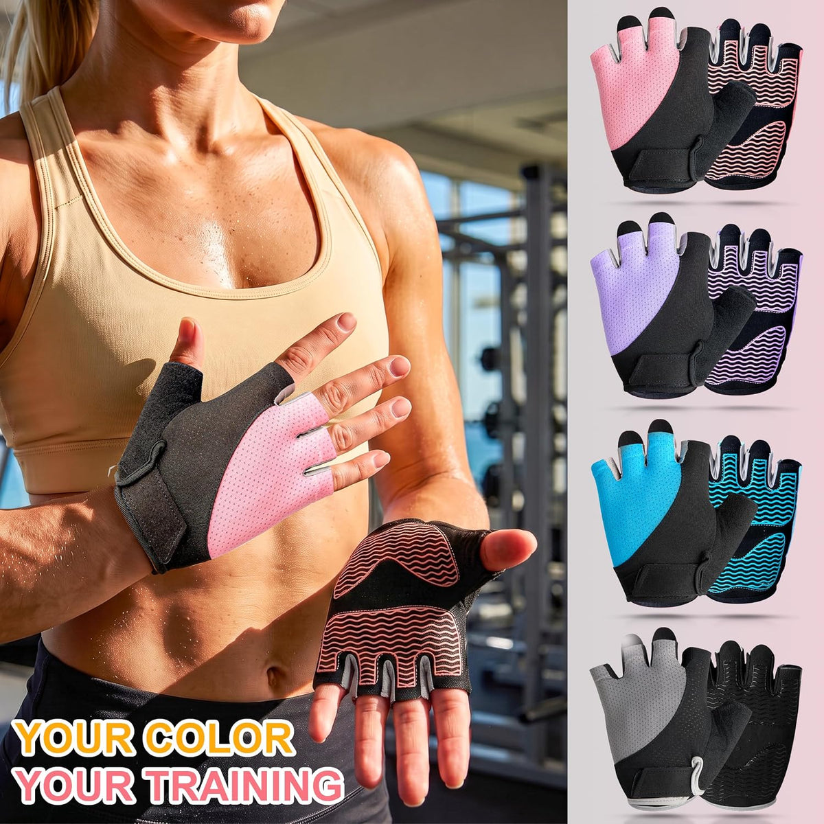 Workout Gloves for Women - Breathable Weight Lifting Gloves with Non-Slip Silicone Padding, Fingerless Gym Gloves for Cycling, Rowing, Pull Ups & Training (4 Sizes)