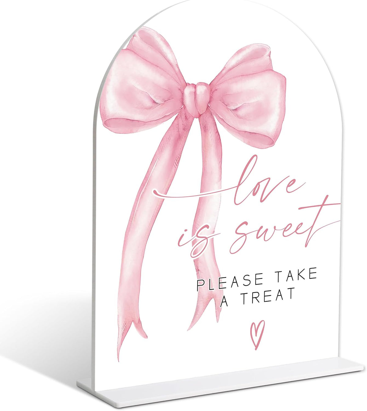Wedding Table Signs, Pink Bow theme Love is Sweet Sign Sign, Wedding Reception Decorations, Whtie Acrylic Table Decorations with Holder, Reception Decor for Bridal Shower Parties and Events, 12