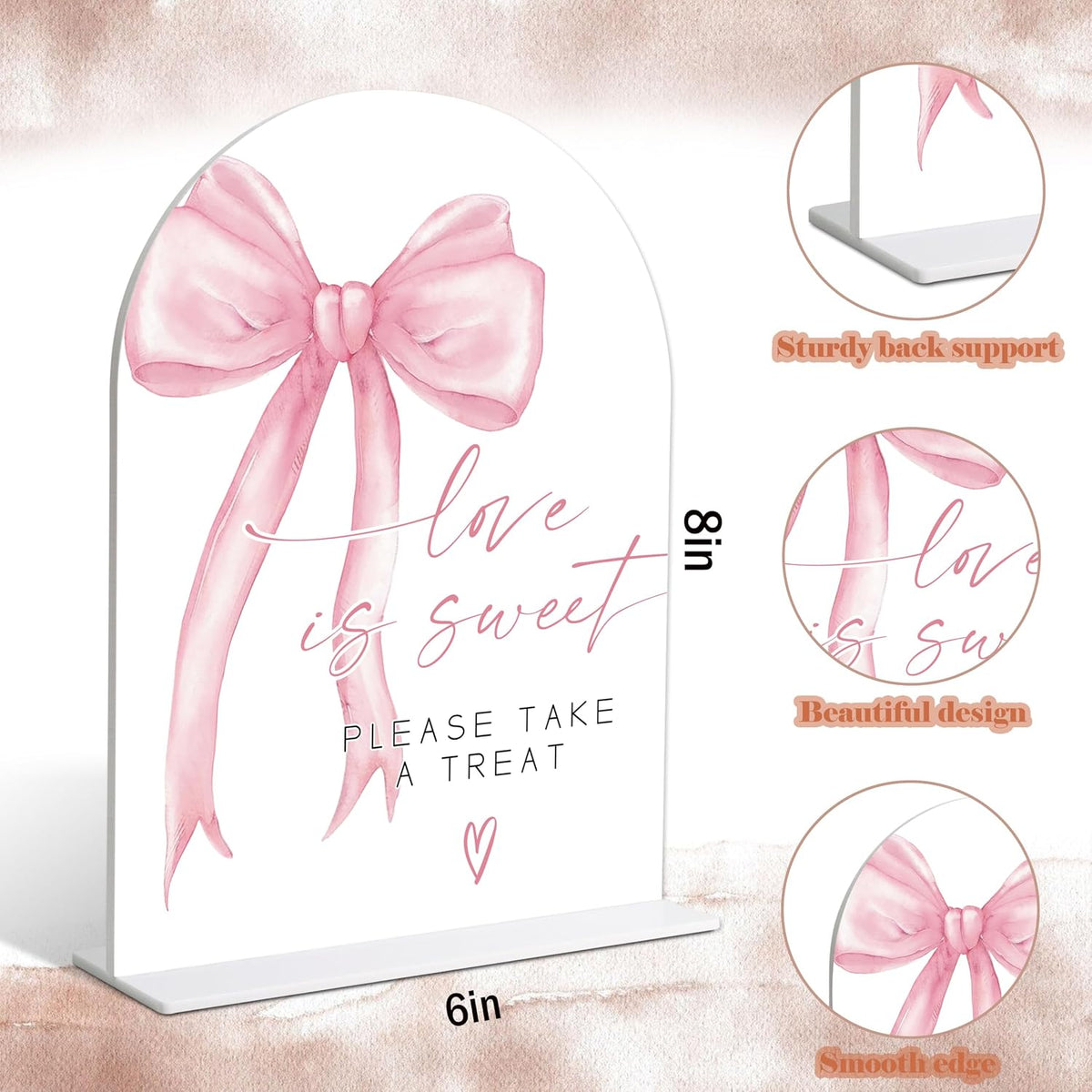 Wedding Table Signs, Pink Bow theme Love is Sweet Sign Sign, Wedding Reception Decorations, Whtie Acrylic Table Decorations with Holder, Reception Decor for Bridal Shower Parties and Events, 12
