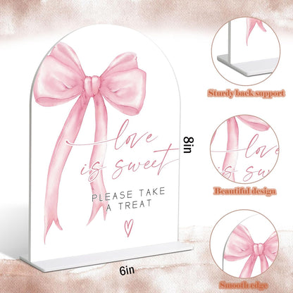 Wedding Table Signs, Pink Bow theme Love is Sweet Sign Sign, Wedding Reception Decorations, Whtie Acrylic Table Decorations with Holder, Reception Decor for Bridal Shower Parties and Events, 12