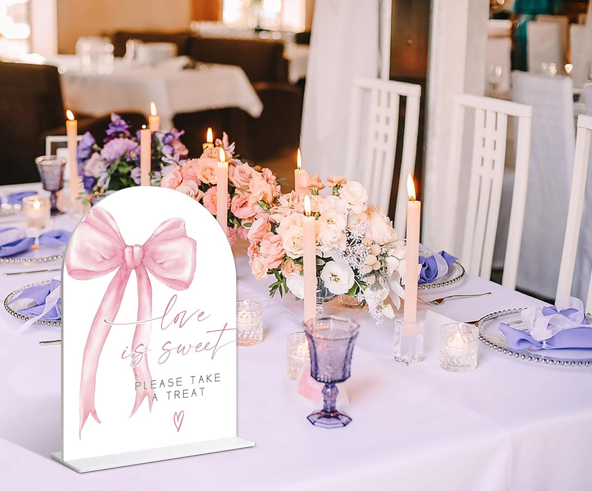 Wedding Table Signs, Pink Bow theme Love is Sweet Sign Sign, Wedding Reception Decorations, Whtie Acrylic Table Decorations with Holder, Reception Decor for Bridal Shower Parties and Events, 12