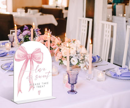 Wedding Table Signs, Pink Bow theme Love is Sweet Sign Sign, Wedding Reception Decorations, Whtie Acrylic Table Decorations with Holder, Reception Decor for Bridal Shower Parties and Events, 12