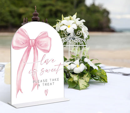 Wedding Table Signs, Pink Bow theme Love is Sweet Sign Sign, Wedding Reception Decorations, Whtie Acrylic Table Decorations with Holder, Reception Decor for Bridal Shower Parties and Events, 12