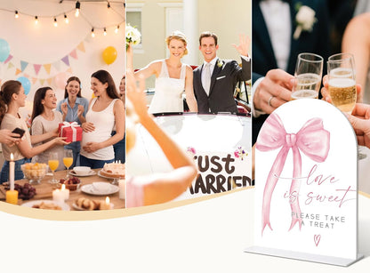 Wedding Table Signs, Pink Bow theme Love is Sweet Sign Sign, Wedding Reception Decorations, Whtie Acrylic Table Decorations with Holder, Reception Decor for Bridal Shower Parties and Events, 12