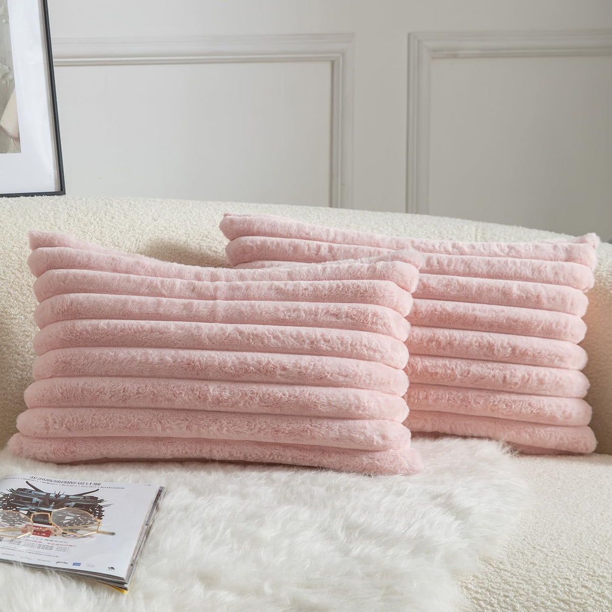 Pack of 2 Decorative Throw Pillow Covers Faux Fur Striped Plush Soft Cushion Covers Pillow Cases Bedroom Living Room Sofa Home 12x20 Inch Pink