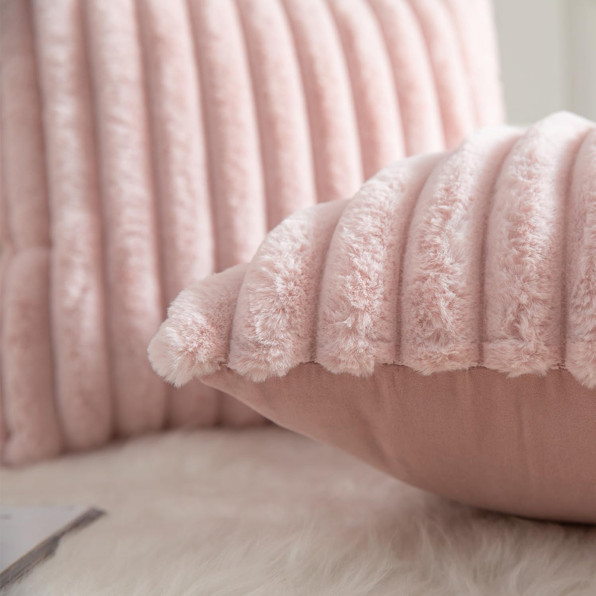 Pack of 2 Decorative Throw Pillow Covers Faux Fur Striped Plush Soft Cushion Covers Pillow Cases Bedroom Living Room Sofa Home 12x20 Inch Pink