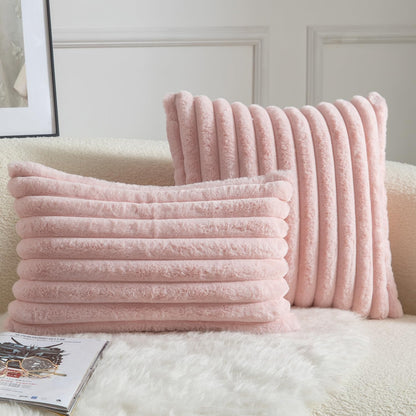 Pack of 2 Decorative Throw Pillow Covers Faux Fur Striped Plush Soft Cushion Covers Pillow Cases Bedroom Living Room Sofa Home 12x20 Inch Pink