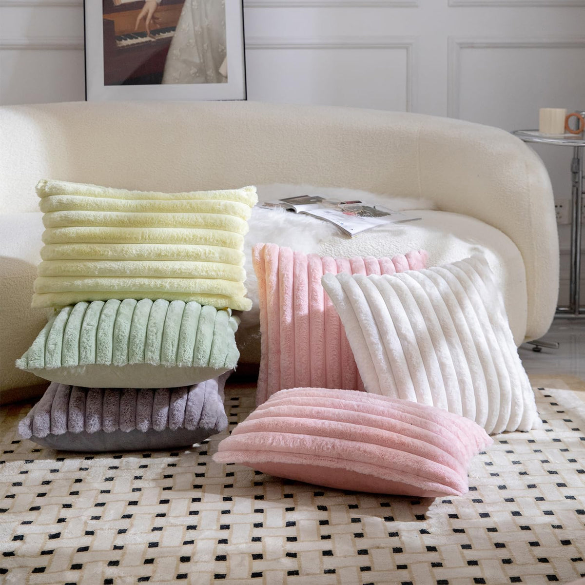Pack of 2 Decorative Throw Pillow Covers Faux Fur Striped Plush Soft Cushion Covers Pillow Cases Bedroom Living Room Sofa Home 12x20 Inch Pink