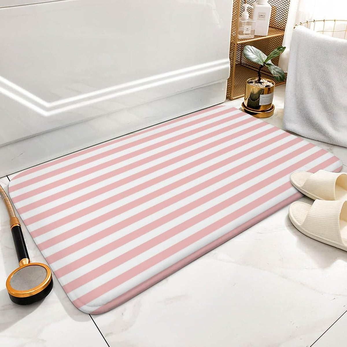 Luxury Elegant Bathroom Rugs, Modern Pink Striped Pattern Bath Mat Non Slip & Absorbent Bath Carpet for Bathroom (16 x 24inch)