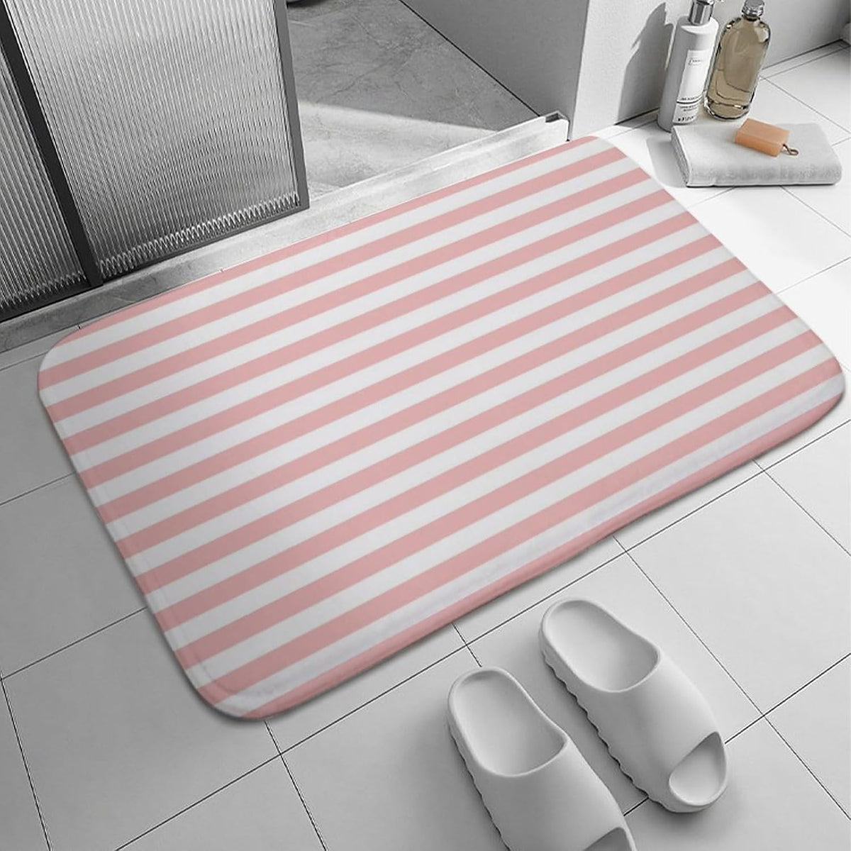 Luxury Elegant Bathroom Rugs, Modern Pink Striped Pattern Bath Mat Non Slip & Absorbent Bath Carpet for Bathroom (16 x 24inch)