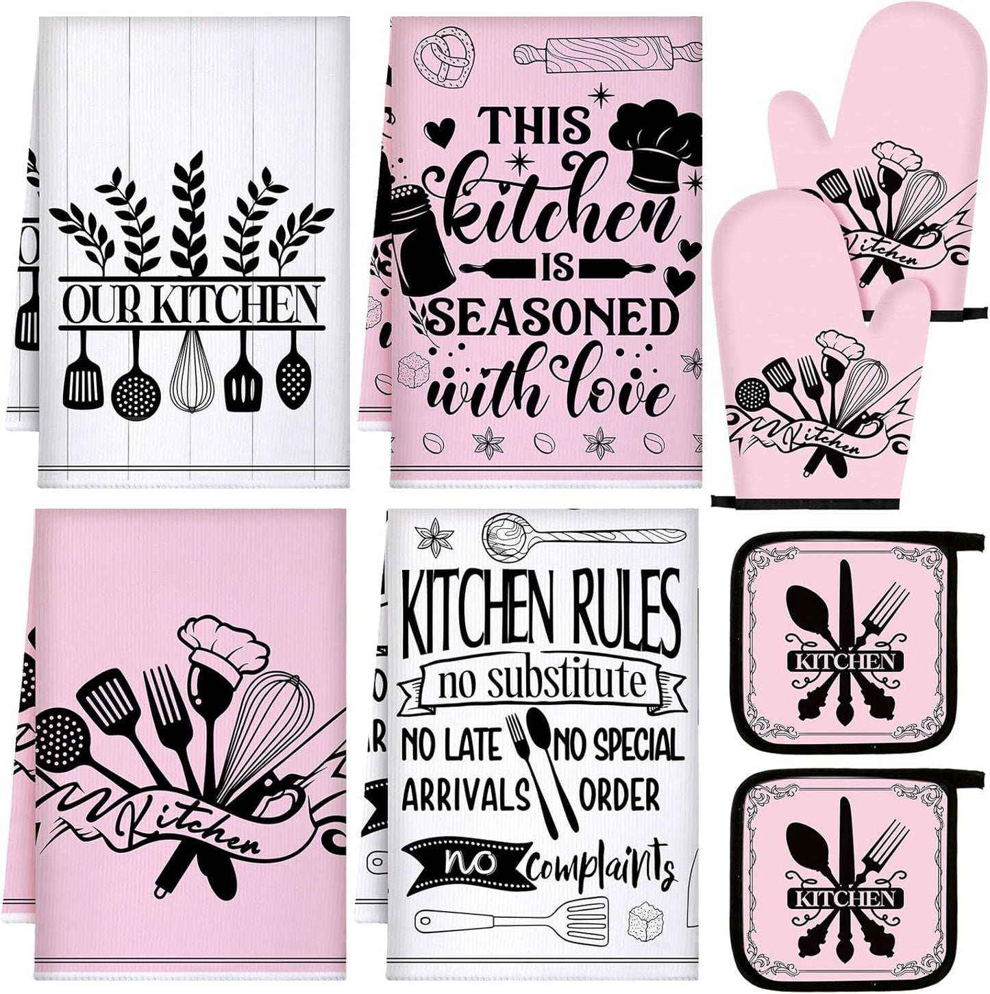 8 Pcs Kitchen Towels and Oven Mitts Sets Pot Holders Dishcloths Set Kitchen Decorative Accessories Absorbent Potholders Heat Resistant for Chef Baking Cooking