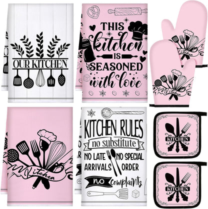 8 Pcs Kitchen Towels and Oven Mitts Sets Pot Holders Dishcloths Set Kitchen Decorative Accessories Absorbent Potholders Heat Resistant for Chef Baking Cooking