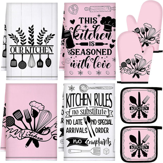 8 Pcs Kitchen Towels and Oven Mitts Sets Pot Holders Dishcloths Set Kitchen Decorative Accessories Absorbent Potholders Heat Resistant for Chef Baking Cooking