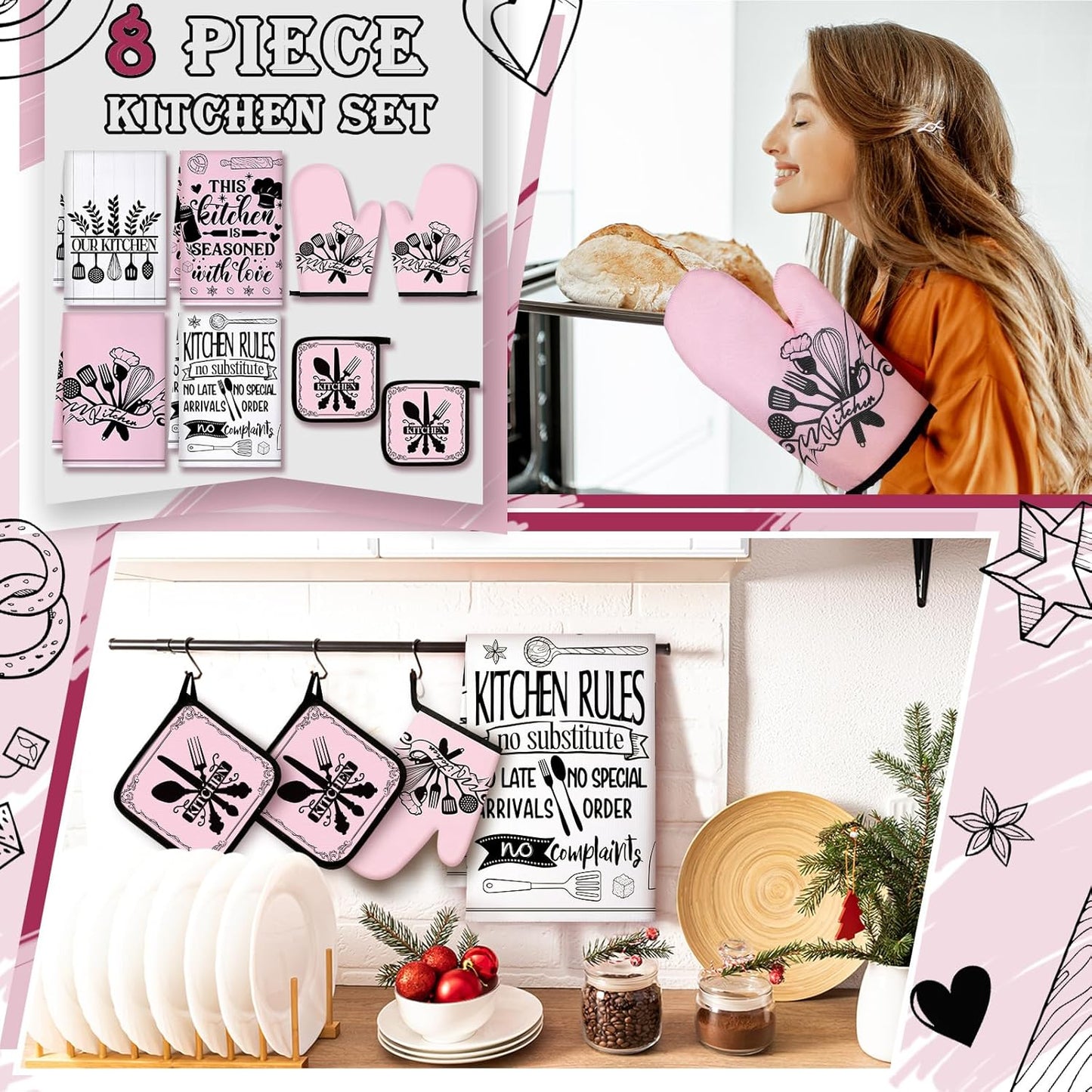 8 Pcs Kitchen Towels and Oven Mitts Sets Pot Holders Dishcloths Set Kitchen Decorative Accessories Absorbent Potholders Heat Resistant for Chef Baking Cooking