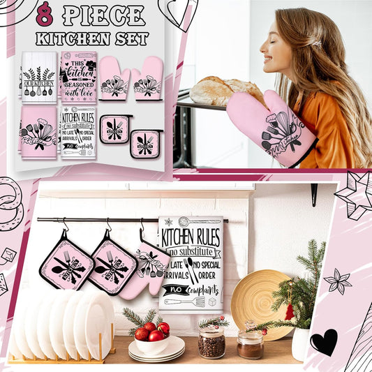 8 Pcs Kitchen Towels and Oven Mitts Sets Pot Holders Dishcloths Set Kitchen Decorative Accessories Absorbent Potholders Heat Resistant for Chef Baking Cooking