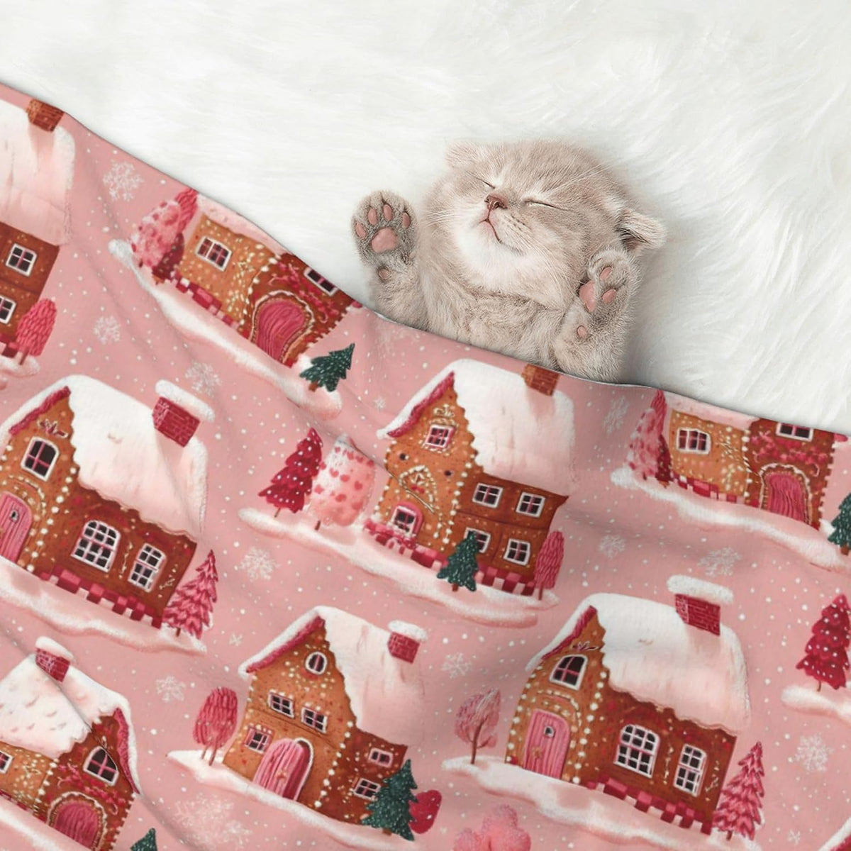 Waterproof Dog Blanket Soft Pet Blanket for Puppy Cat, Fleece Cat Throw Blankets for Furniture Bed Couch Sofa Reversible - Gingerbread Houses Pink Wonderland