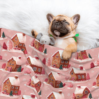 Waterproof Dog Blanket Soft Pet Blanket for Puppy Cat, Fleece Cat Throw Blankets for Furniture Bed Couch Sofa Reversible - Gingerbread Houses Pink Wonderland