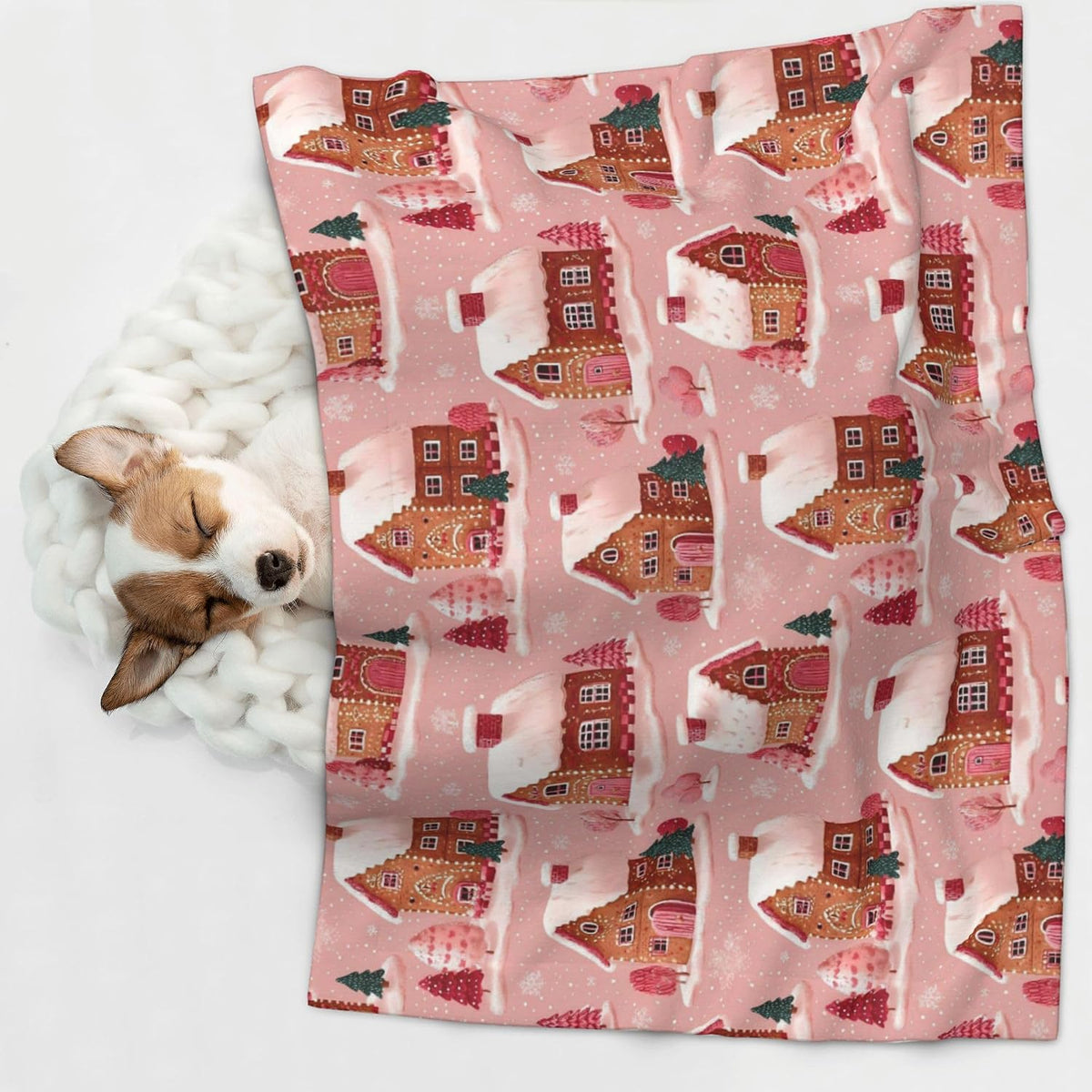 Waterproof Dog Blanket Soft Pet Blanket for Puppy Cat, Fleece Cat Throw Blankets for Furniture Bed Couch Sofa Reversible - Gingerbread Houses Pink Wonderland